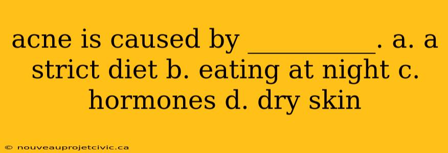 acne is caused by __________. a. a strict diet b. eating at night c. hormones d. dry skin