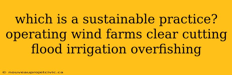 which is a sustainable practice? operating wind farms clear cutting flood irrigation overfishing