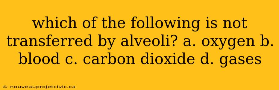 which of the following is not transferred by alveoli? a. oxygen b. blood c. carbon dioxide d. gases