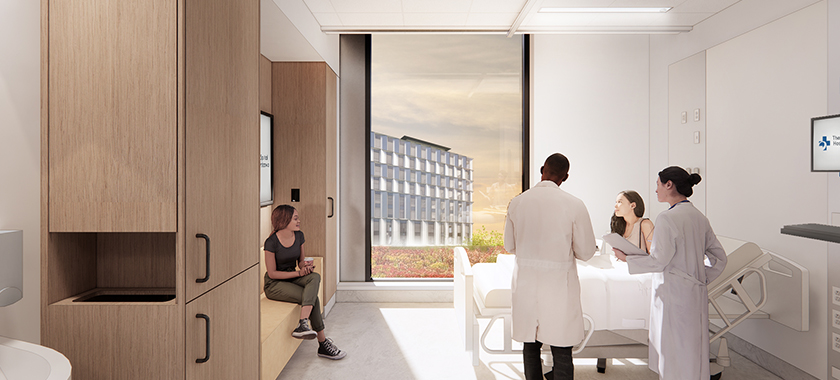 An architectural rendering of an inpatient room at The Ottawa Hospital’s new campus.