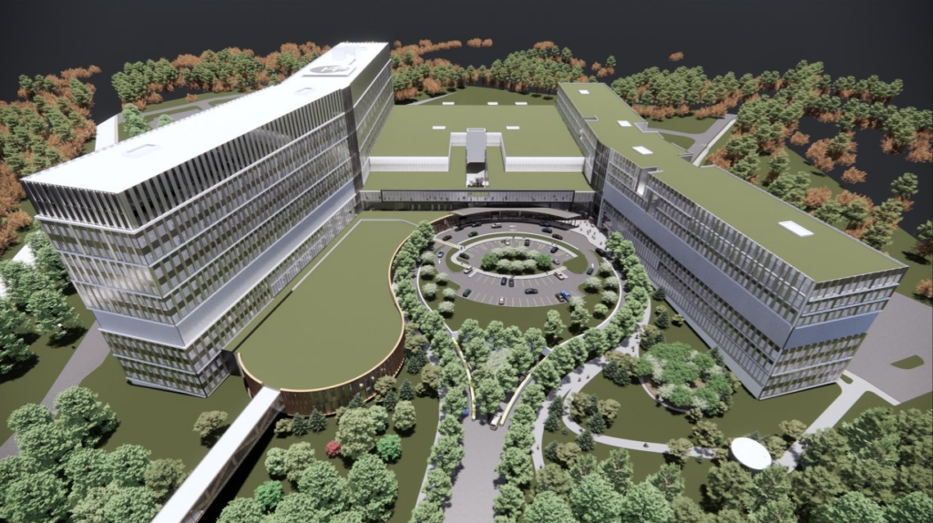Représentation artistique d'une vue aérienne du site du nouveau campus de L'Hôpital d'Ottawa.
