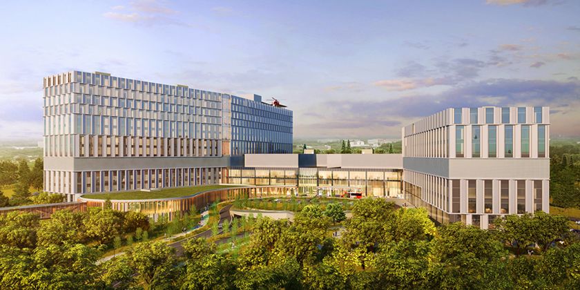 An artist rendering of the exterior of The Ottawa Hospital's new campus during the day, showing the exterior main entrance of the hospital and trees in the foreground. A helicopter is on the helipad on the roof of the building.
